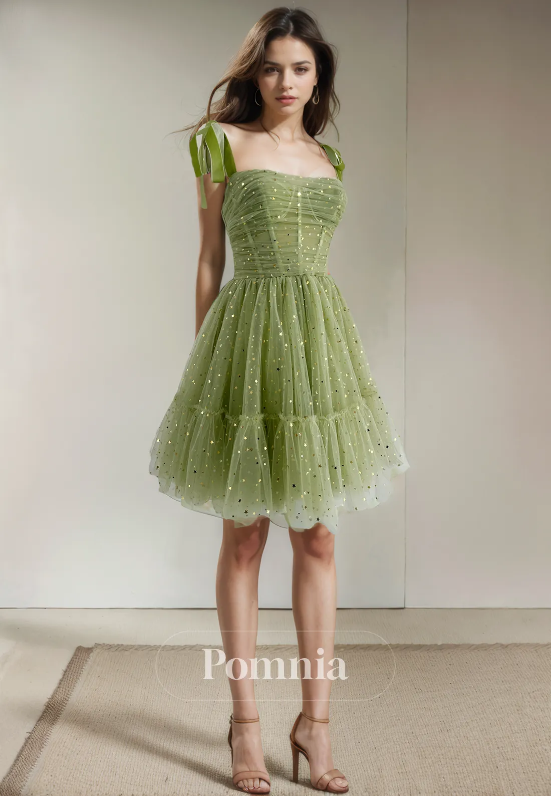 A-Line Empire-Waist Sleeveless Star Ruched Tulle Short Homecoming Dress
