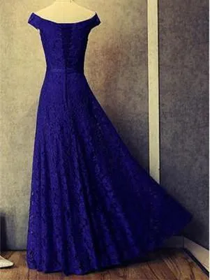 A-line Off-Shoulder Floor-Length Lace Royal Blue Prom Dresses HX00107