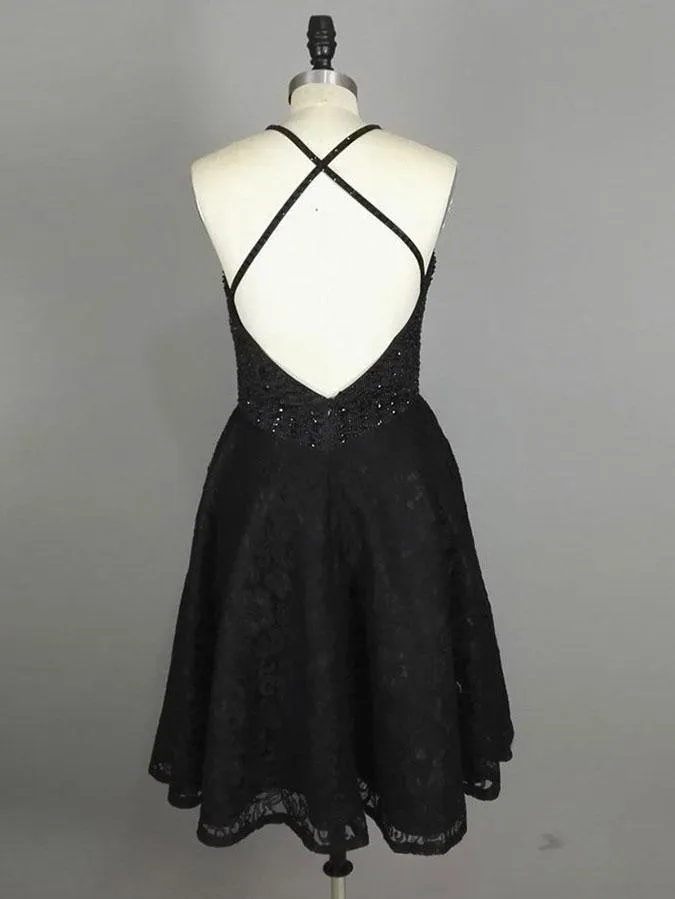 A-line Scoop-neck Mini Lace Short Black Homecoming Dresses With Rhine Stones APD2700