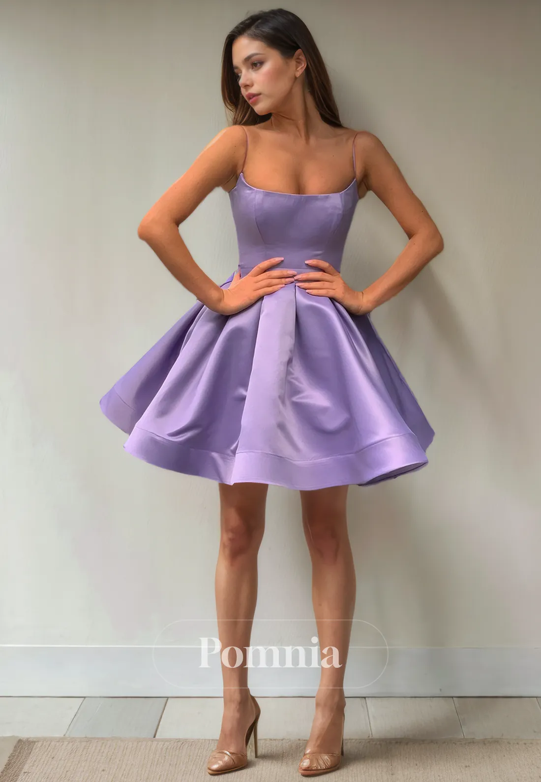 A-Line Spaghetti Straps Scoop Sleeveless Satin Short Homecoming Dress