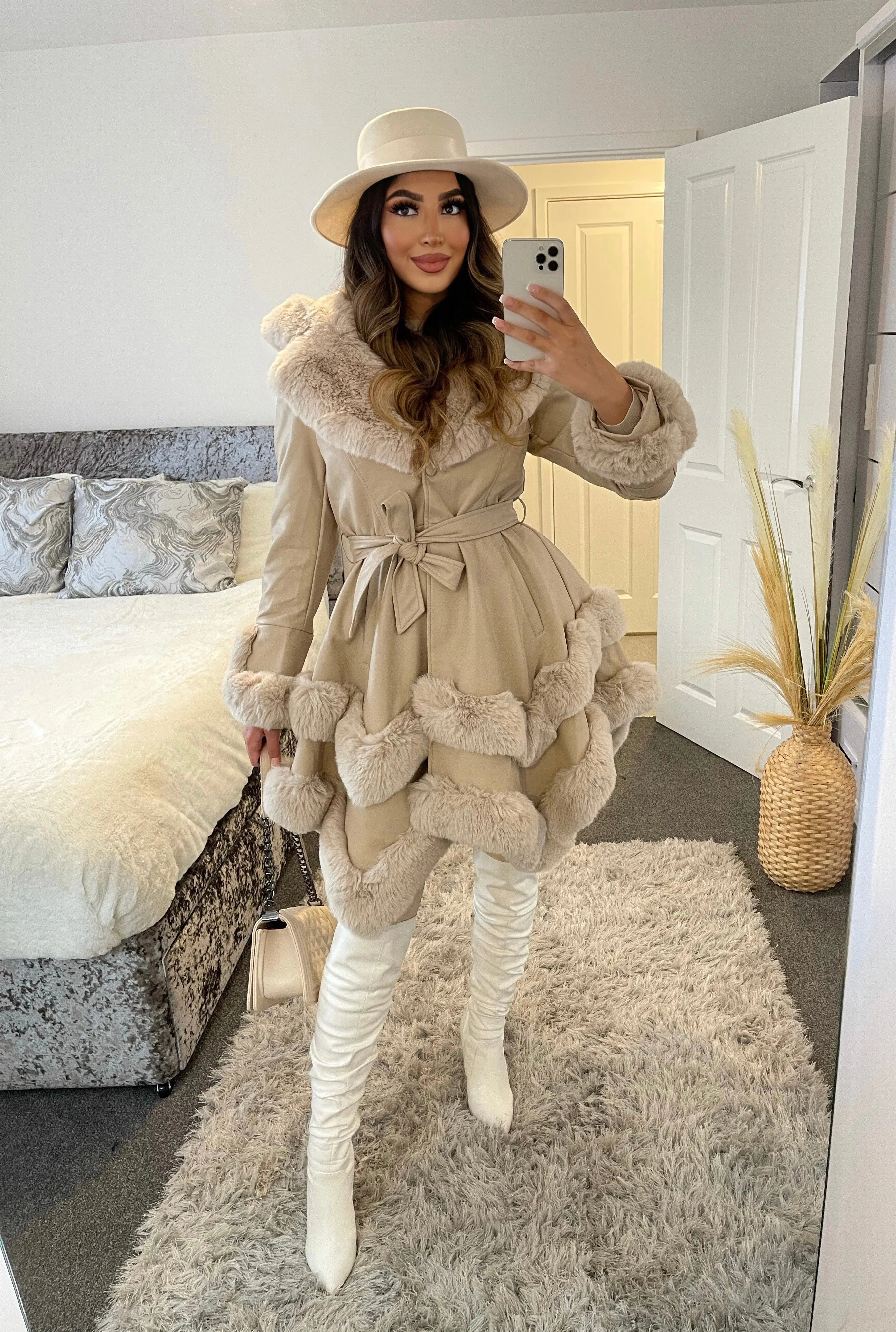 Allana Beige PU Faux Leather Faux Fur Tiered Trim Belted Longline Coat