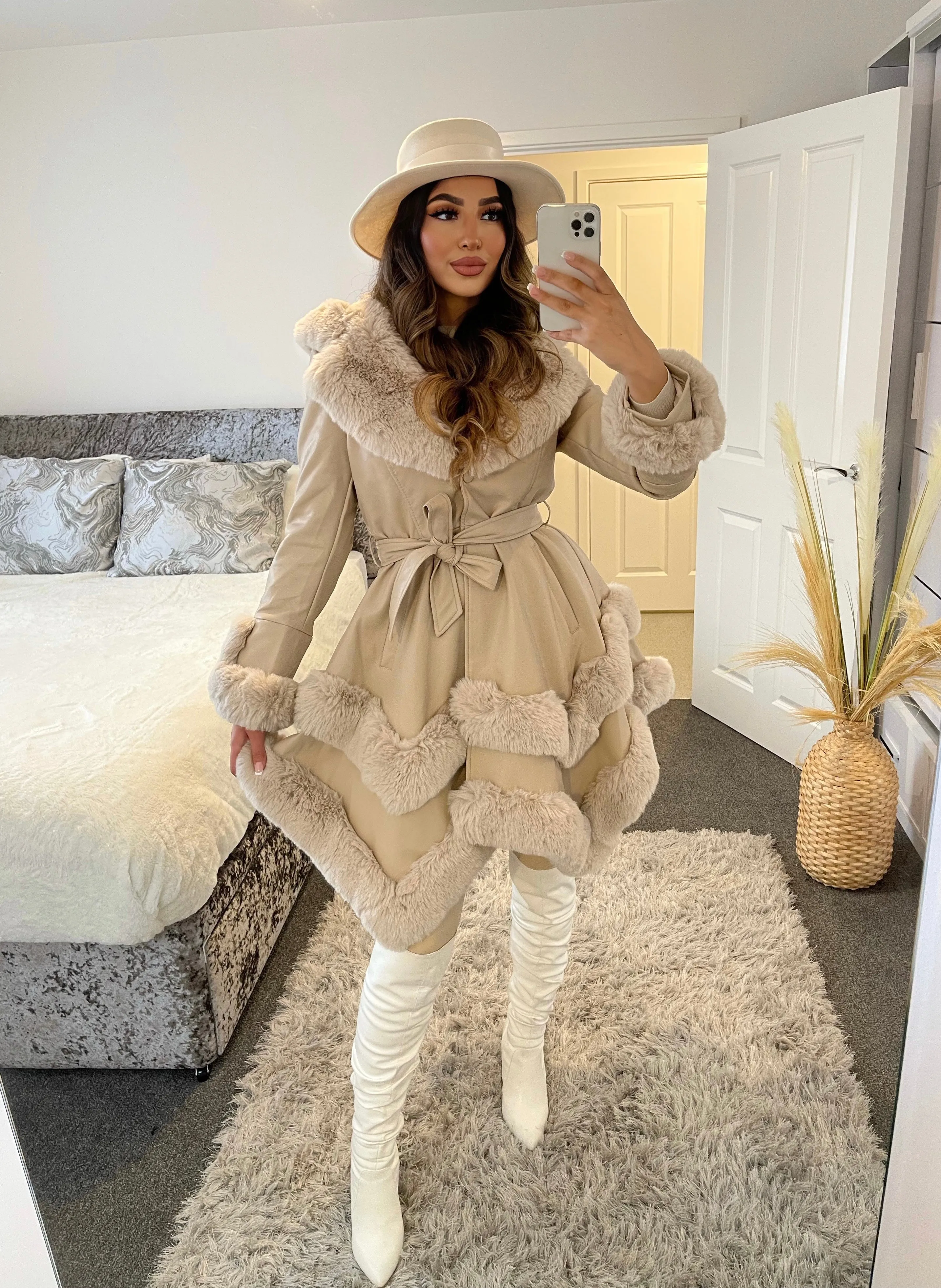Allana Beige PU Faux Leather Faux Fur Tiered Trim Belted Longline Coat