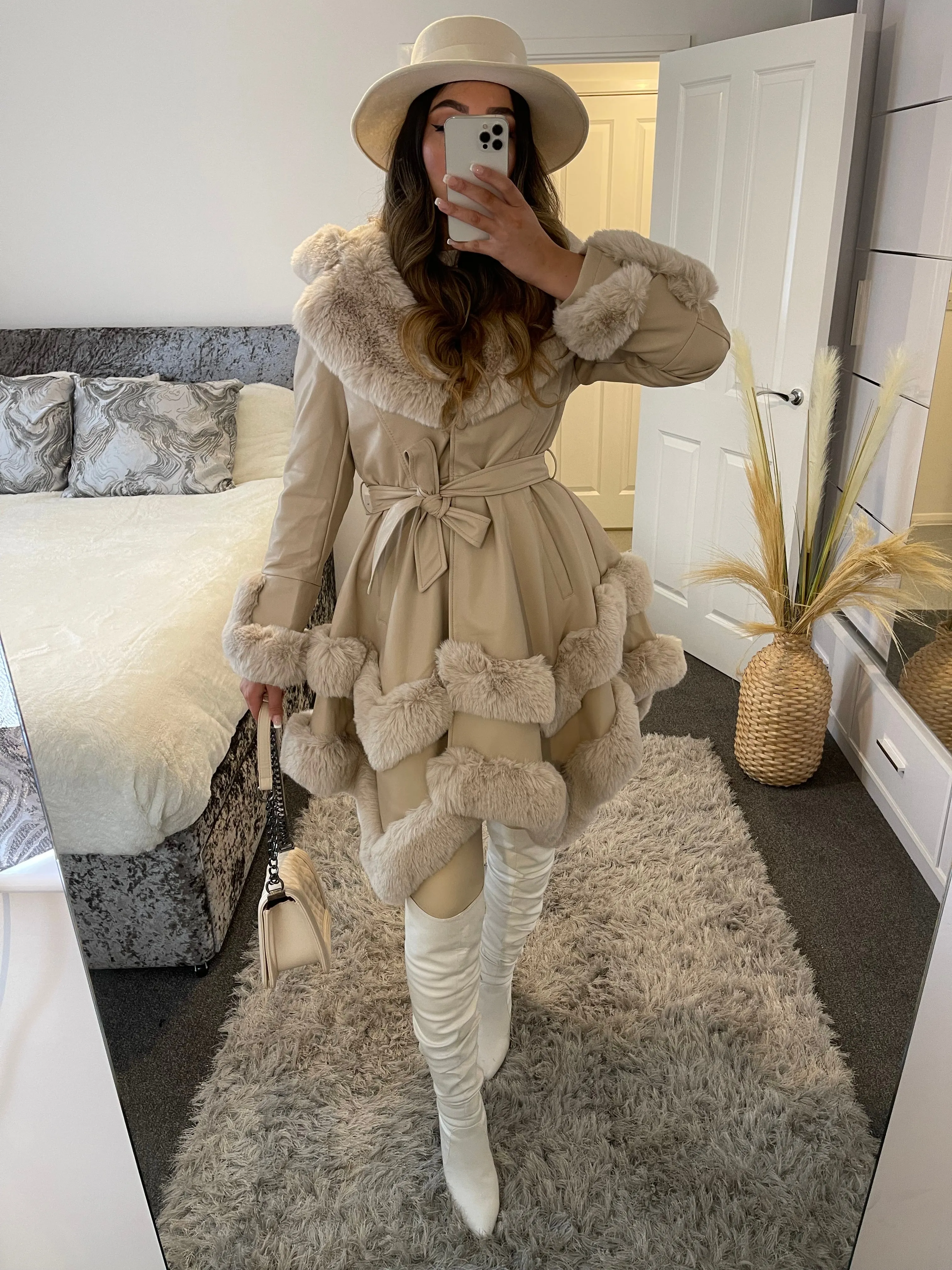 Allana Beige PU Faux Leather Faux Fur Tiered Trim Belted Longline Coat