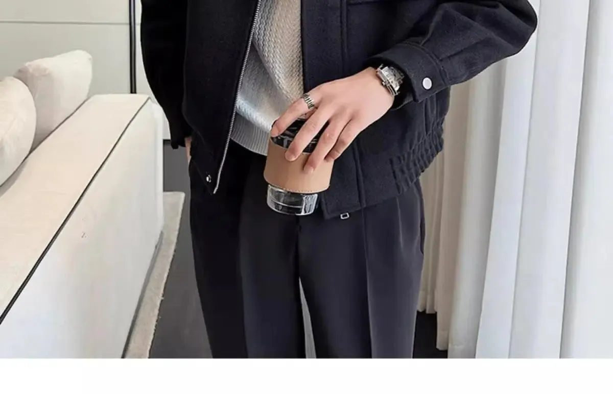 Autumn and Winter Short Woolen Jackets for Men High-end Green Stand-up Collar Korean Trendy Zipper Casual Men's Jacket