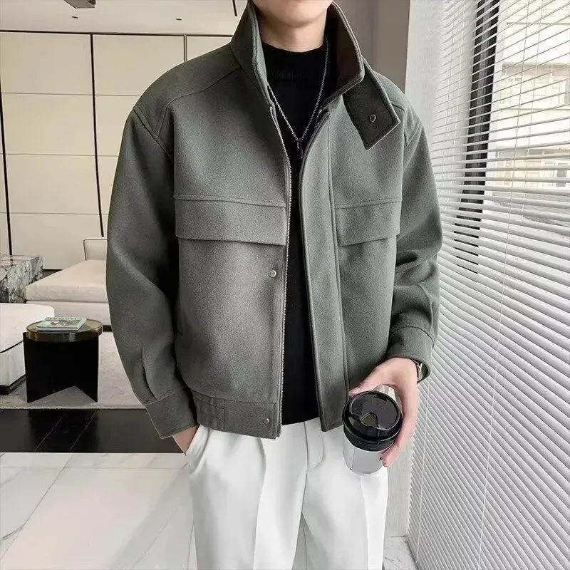 Autumn and Winter Short Woolen Jackets for Men High-end Green Stand-up Collar Korean Trendy Zipper Casual Men's Jacket
