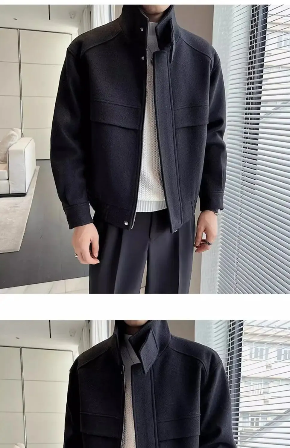 Autumn and Winter Short Woolen Jackets for Men High-end Green Stand-up Collar Korean Trendy Zipper Casual Men's Jacket