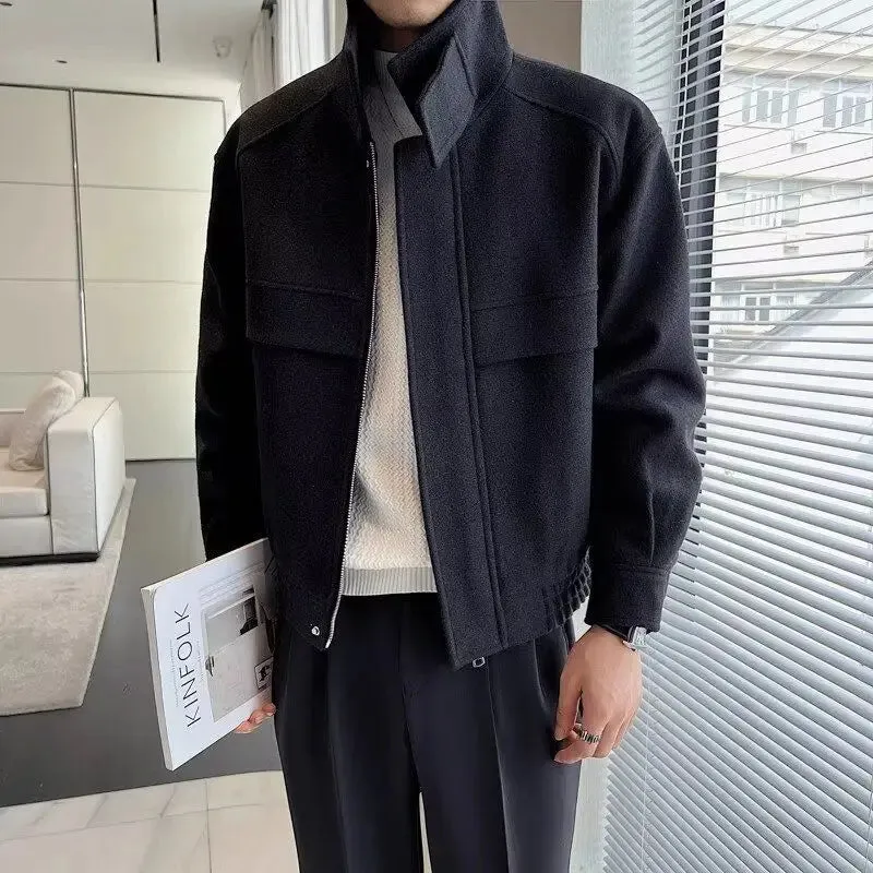 Autumn and Winter Short Woolen Jackets for Men High-end Green Stand-up Collar Korean Trendy Zipper Casual Men's Jacket