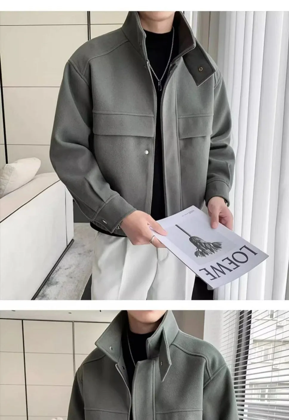 Autumn and Winter Short Woolen Jackets for Men High-end Green Stand-up Collar Korean Trendy Zipper Casual Men's Jacket