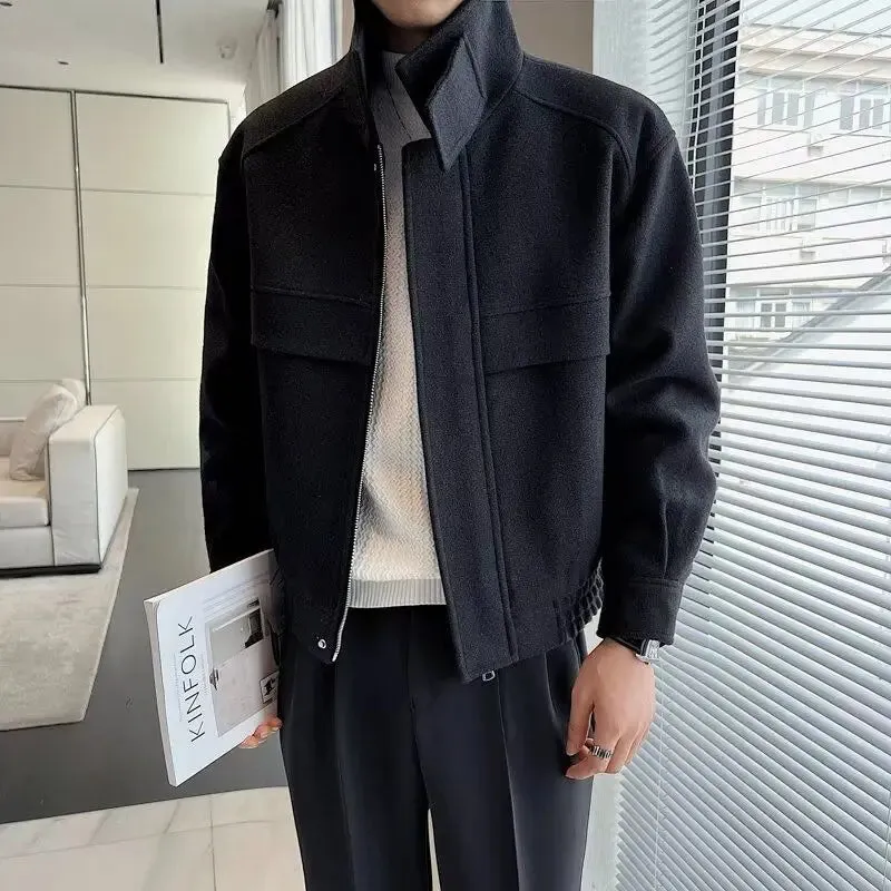 Autumn and Winter Short Woolen Jackets for Men High-end Green Stand-up Collar Korean Trendy Zipper Casual Men's Jacket