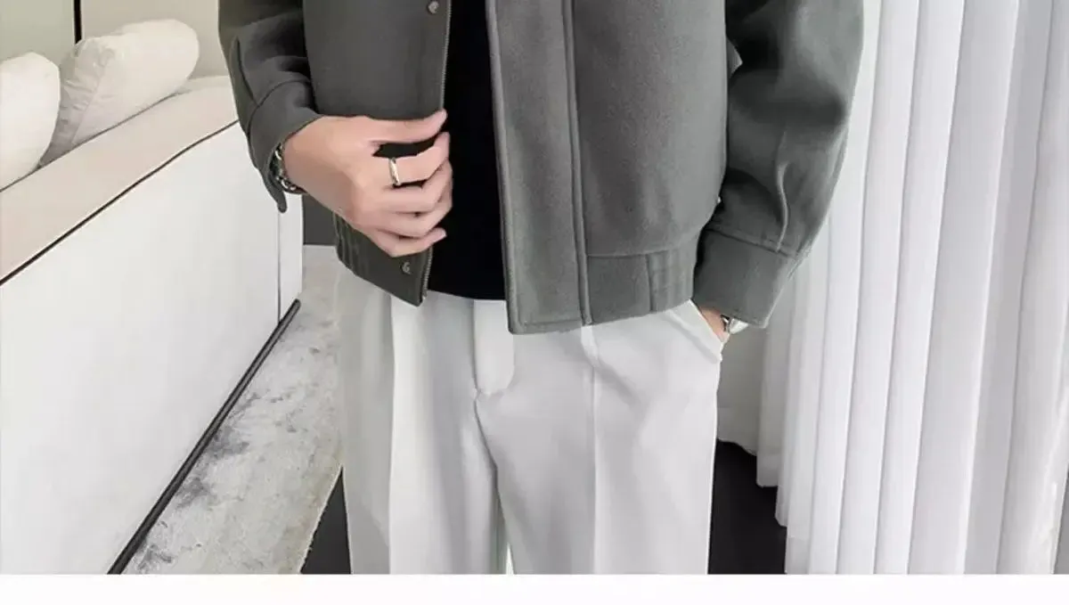 Autumn and Winter Short Woolen Jackets for Men High-end Green Stand-up Collar Korean Trendy Zipper Casual Men's Jacket