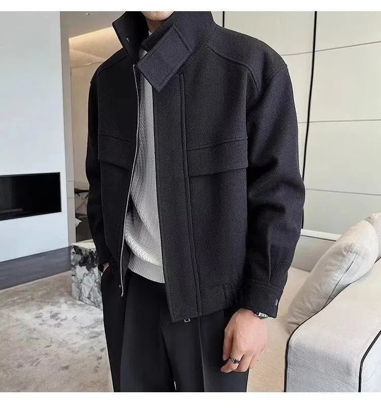 Autumn and Winter Short Woolen Jackets for Men High-end Green Stand-up Collar Korean Trendy Zipper Casual Men's Jacket