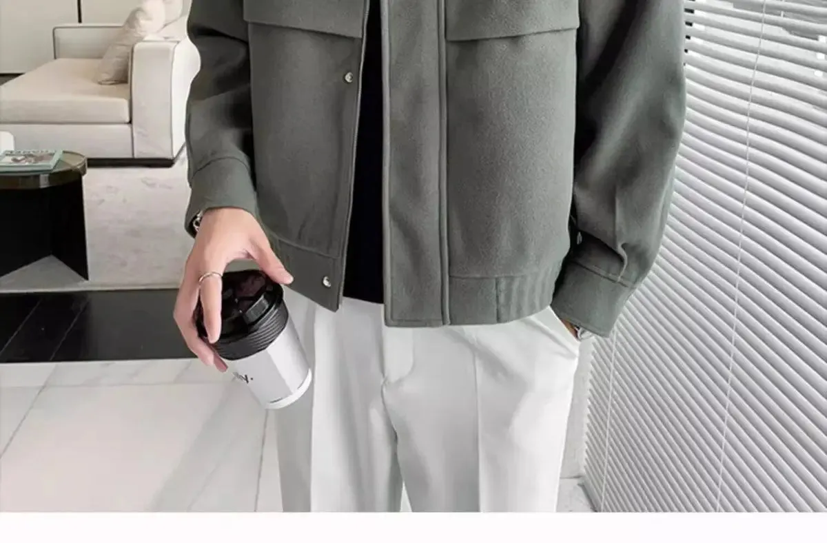 Autumn and Winter Short Woolen Jackets for Men High-end Green Stand-up Collar Korean Trendy Zipper Casual Men's Jacket