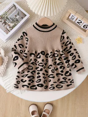 Baby's Trendy Leopard Pattern Sweater, Cable Knit Long Sleeve Top, Toddler & Infant Girl's Clothing For Fall Winter