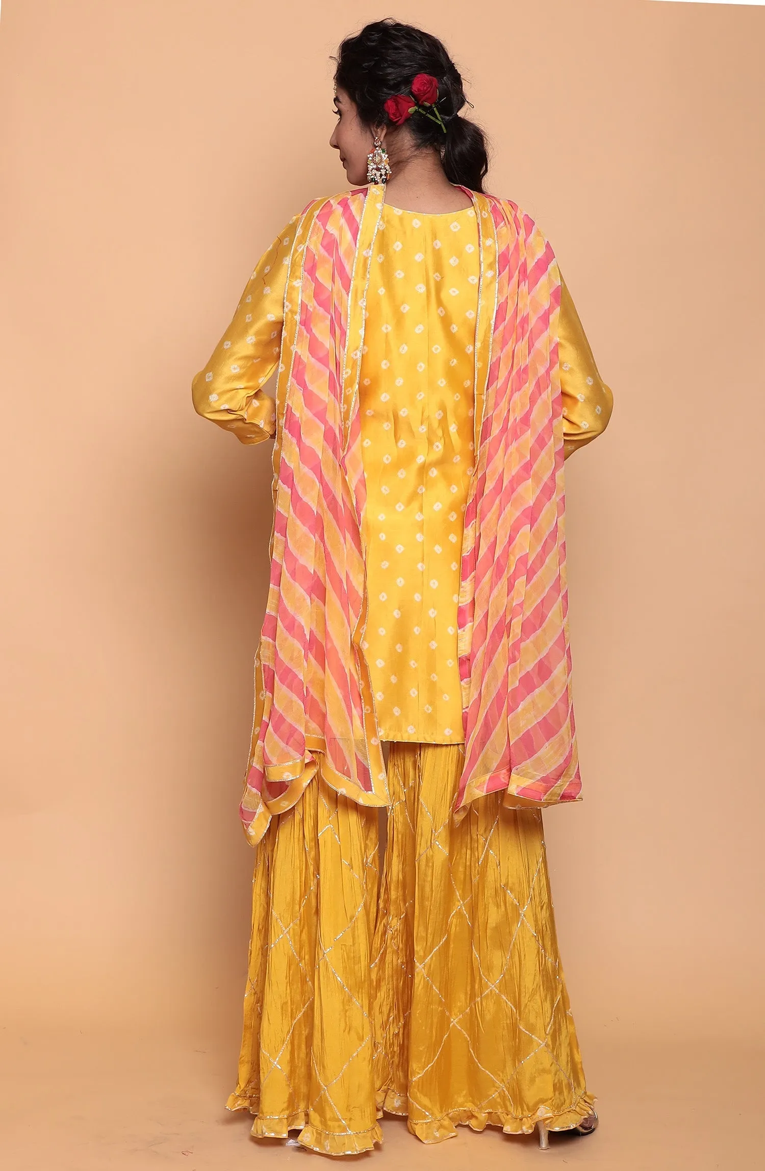 Bandhej Chanderi silk Suit with Gota Patti work.