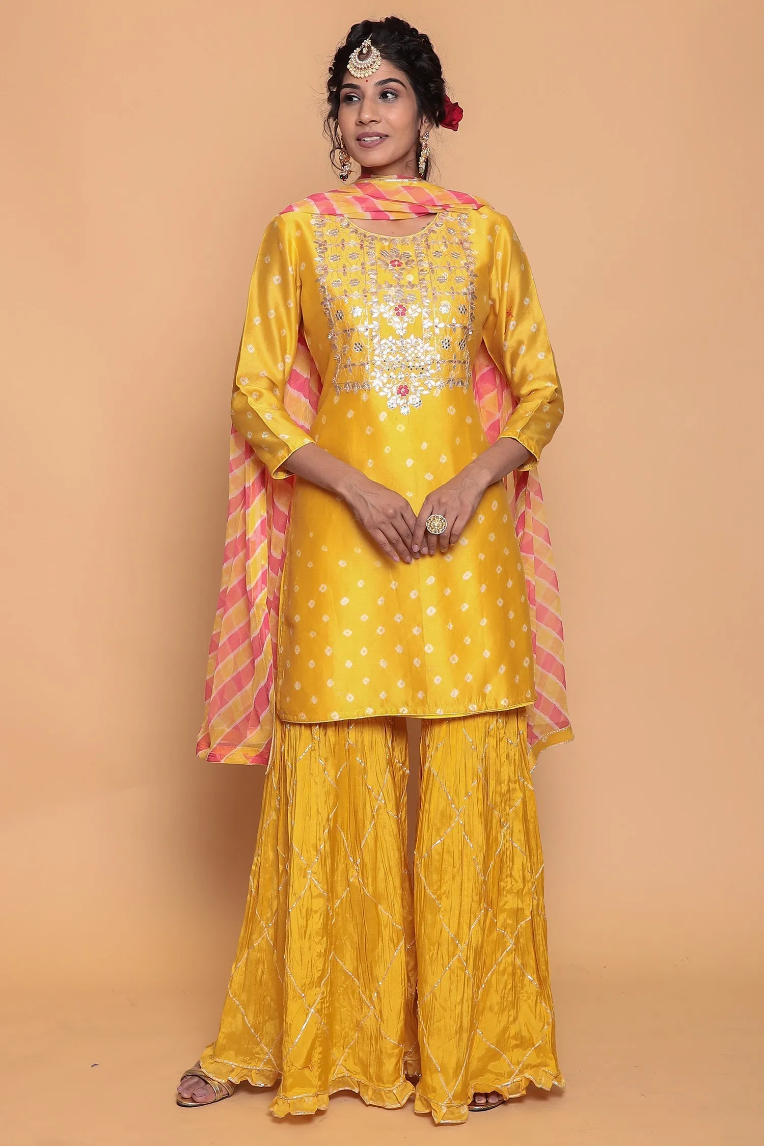 Bandhej Chanderi silk Suit with Gota Patti work.