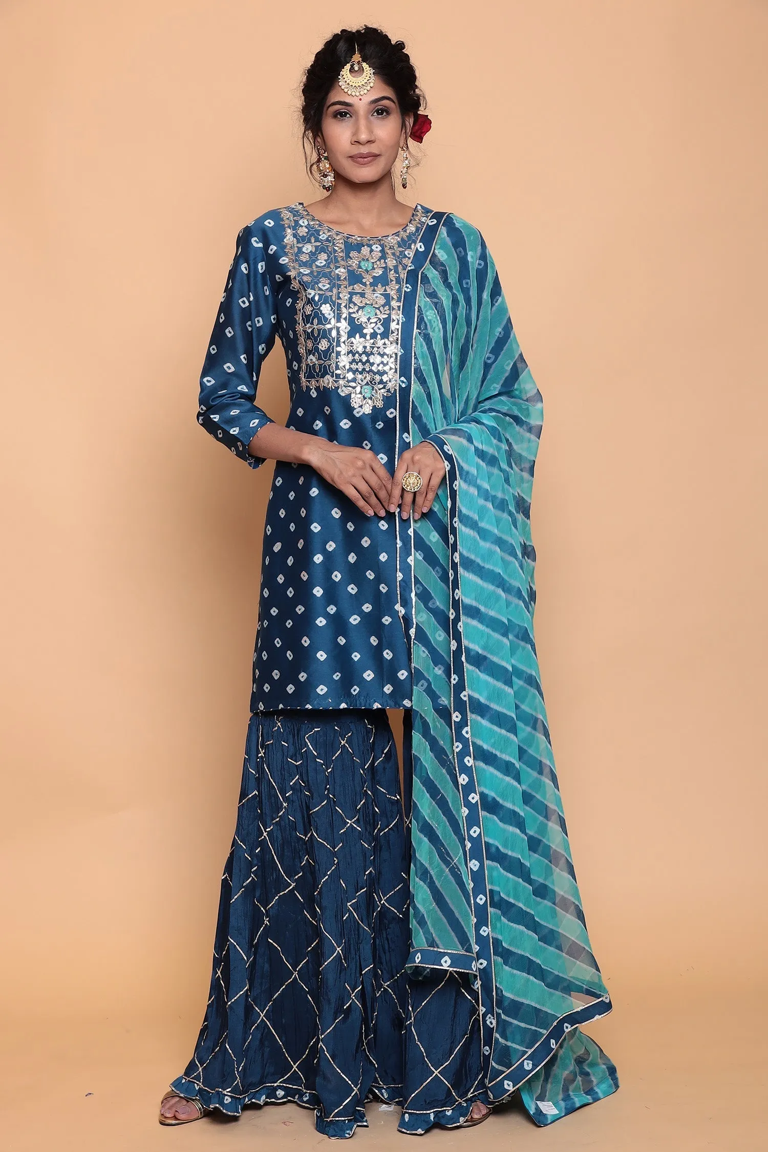 Bandhej Chanderi silk Suit with Gota Patti work.