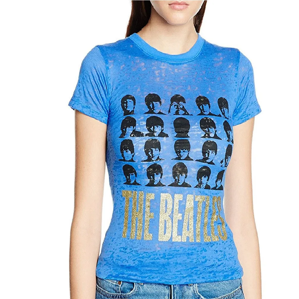 Beatles Hard Days Night Faces Women's Burnout T-shirt, Blue (Large)