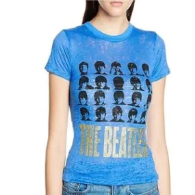 Beatles Hard Days Night Faces Women's Burnout T-shirt, Blue (Large)
