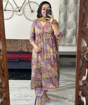 Beautiful Party Wear Pure Muslin Alia Cut Suit With Dupatta