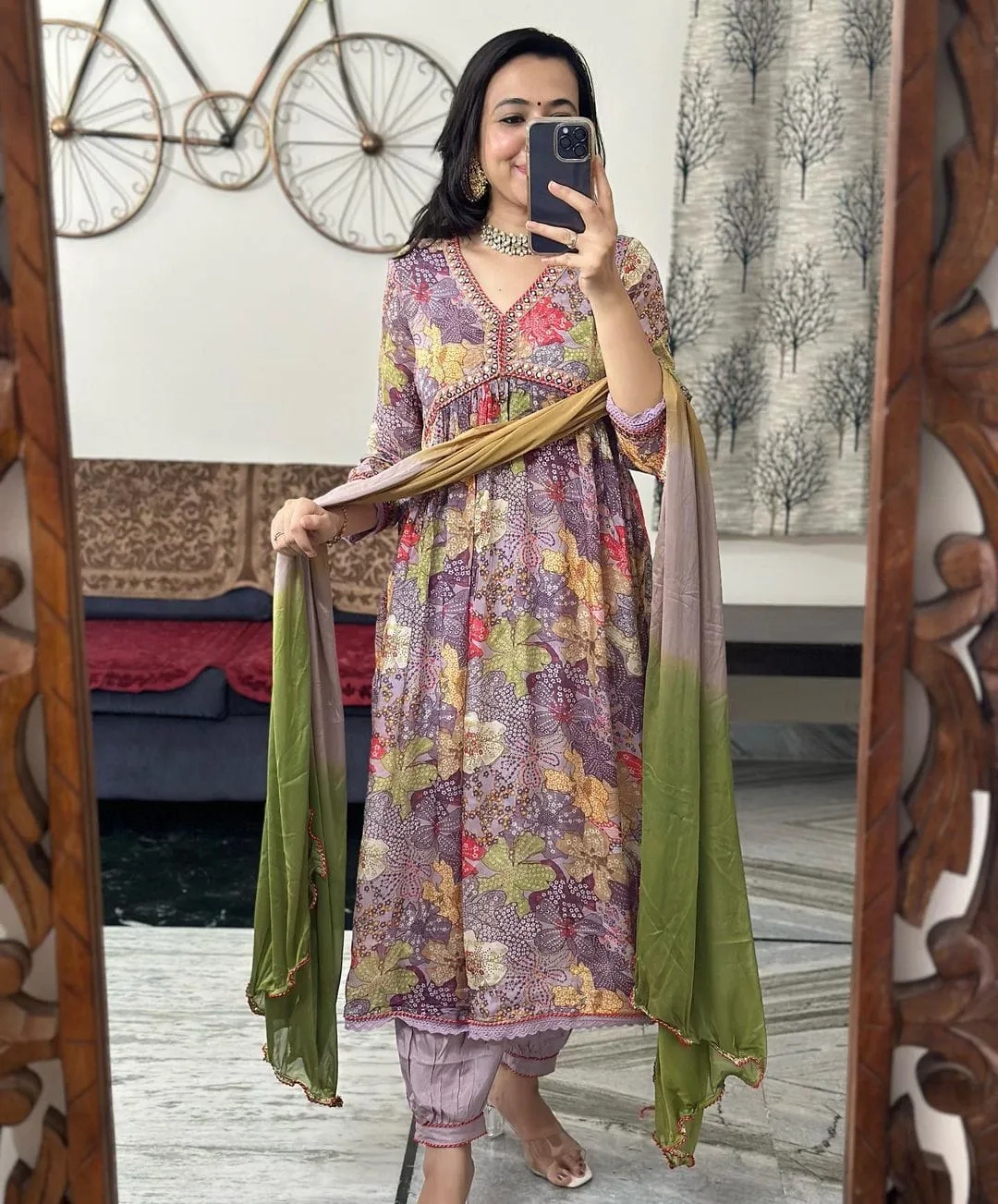 Beautiful Party Wear Pure Muslin Alia Cut Suit With Dupatta