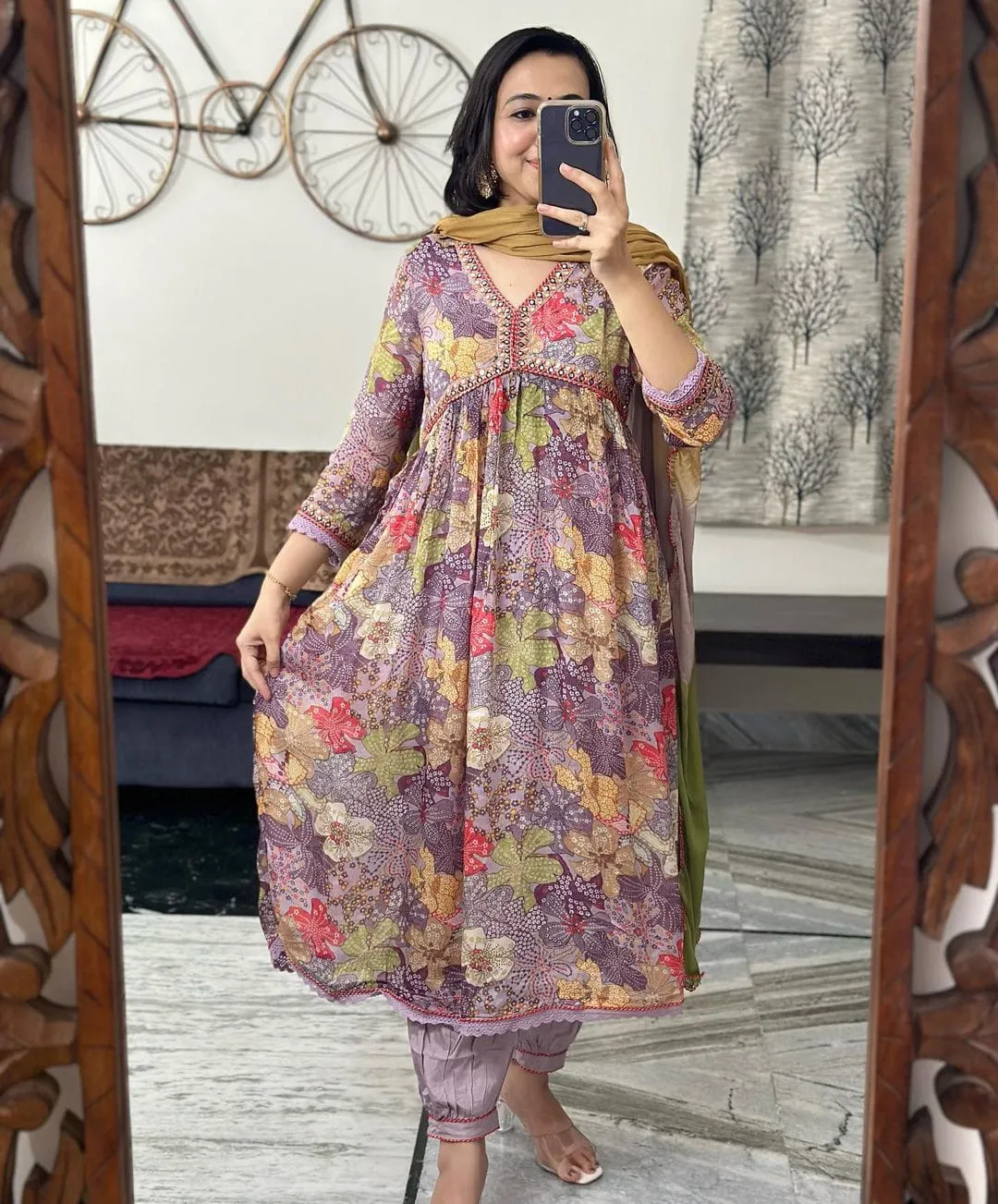Beautiful Party Wear Pure Muslin Alia Cut Suit With Dupatta