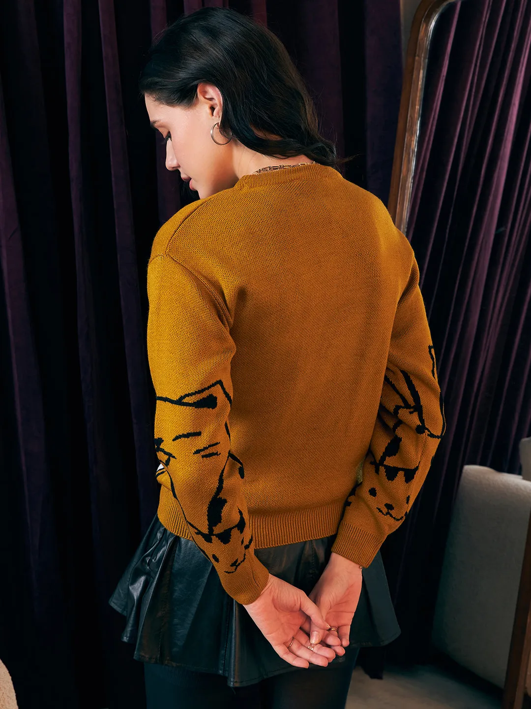 Berrylush Women Mustard, Black, & White Cat Printed Round Neck Drop-Shoulder Sleeves Ribbed Hem Regular Sweater