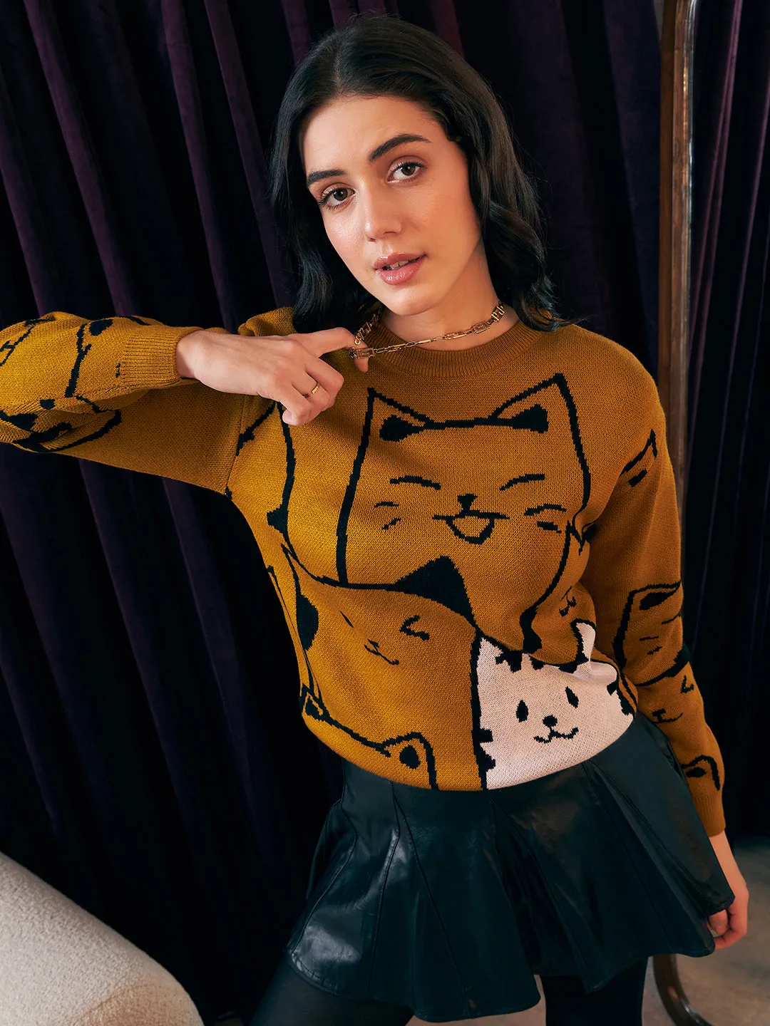 Berrylush Women Mustard, Black, & White Cat Printed Round Neck Drop-Shoulder Sleeves Ribbed Hem Regular Sweater