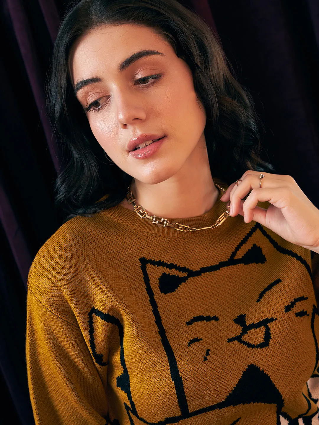 Berrylush Women Mustard, Black, & White Cat Printed Round Neck Drop-Shoulder Sleeves Ribbed Hem Regular Sweater