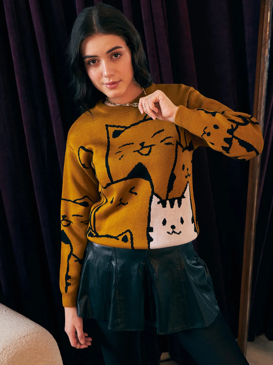 Berrylush Women Mustard, Black, & White Cat Printed Round Neck Drop-Shoulder Sleeves Ribbed Hem Regular Sweater