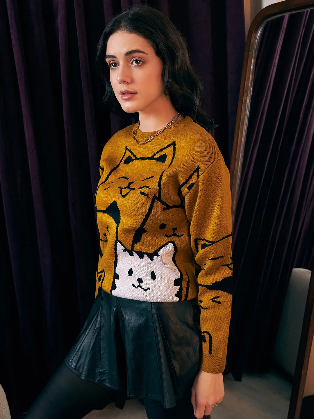 Berrylush Women Mustard, Black, & White Cat Printed Round Neck Drop-Shoulder Sleeves Ribbed Hem Regular Sweater