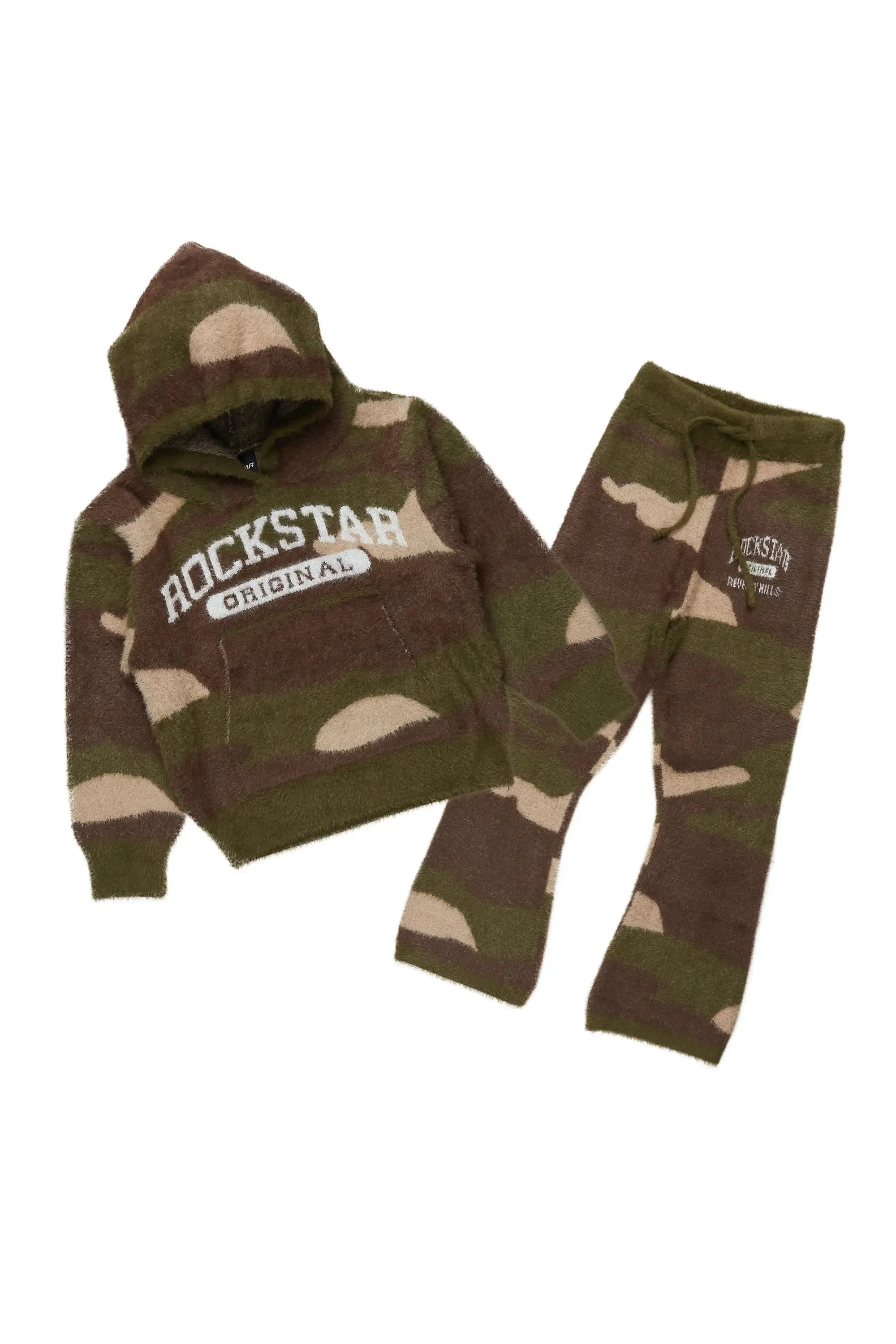 Optimized Title: Boys Green Camo Flare Knit Mohair Track Set – Stylish & Comfortable Activewear
