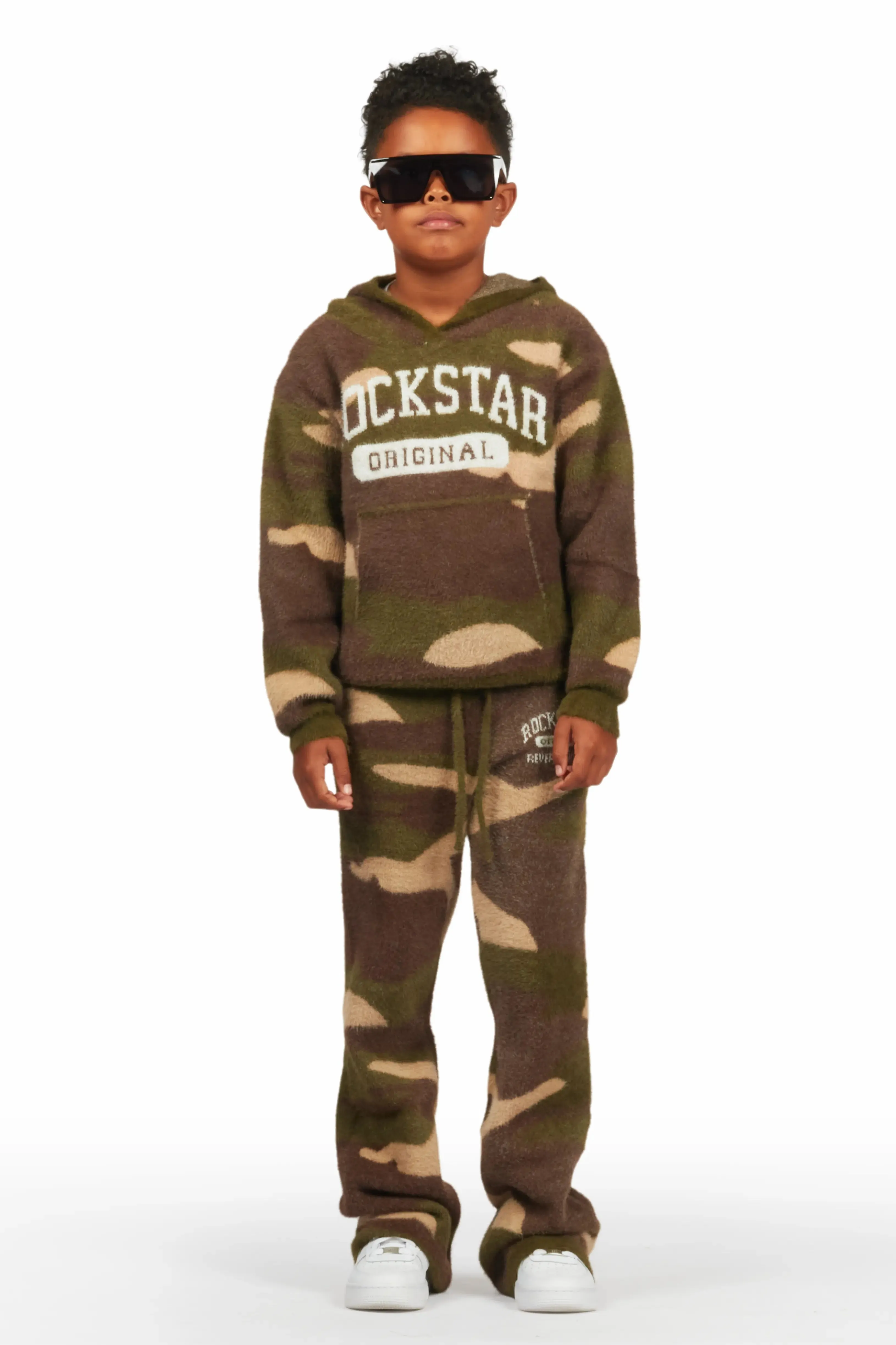 Optimized Title: Boys Green Camo Flare Knit Mohair Track Set – Stylish & Comfortable Activewear