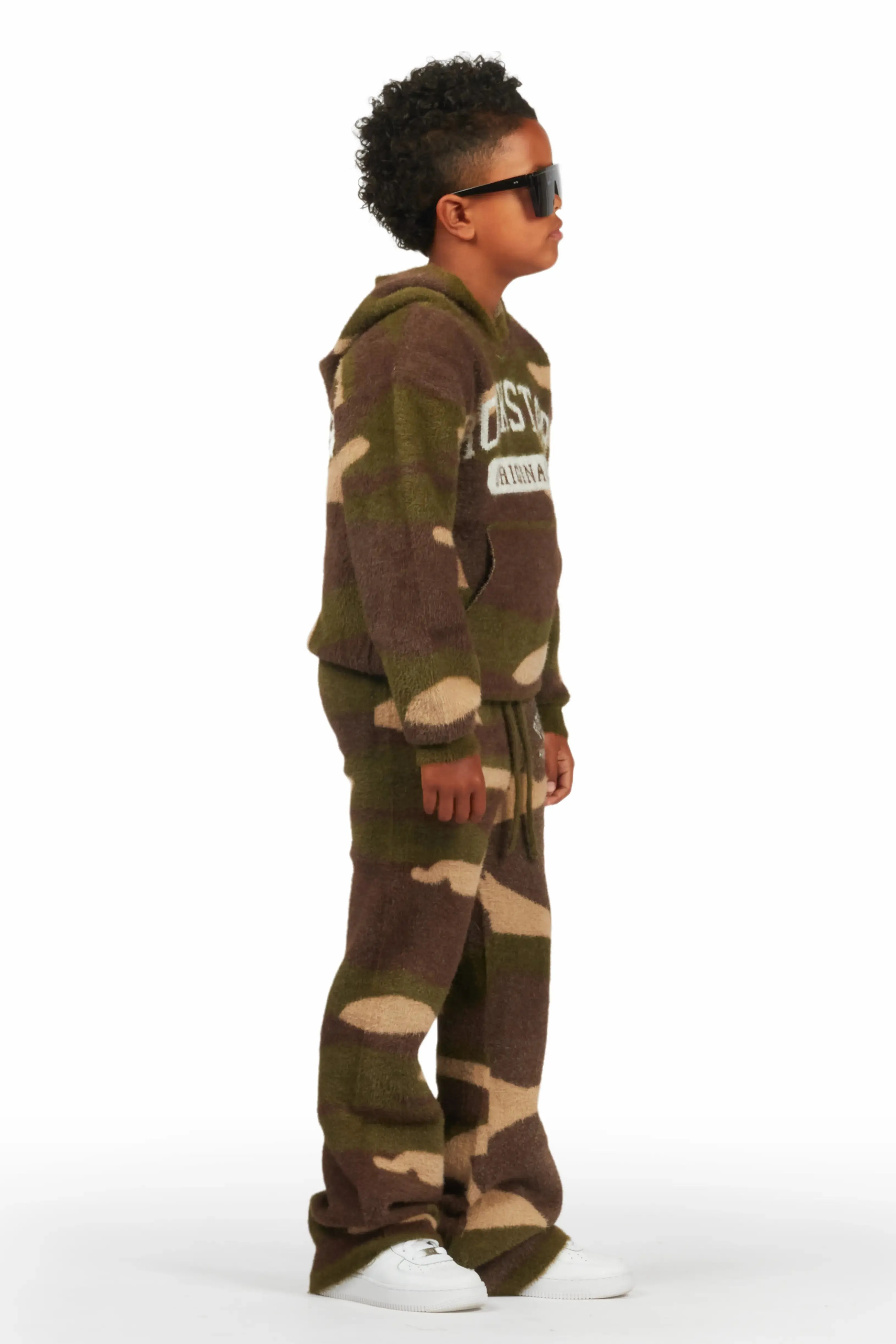Optimized Title: Boys Green Camo Flare Knit Mohair Track Set – Stylish & Comfortable Activewear