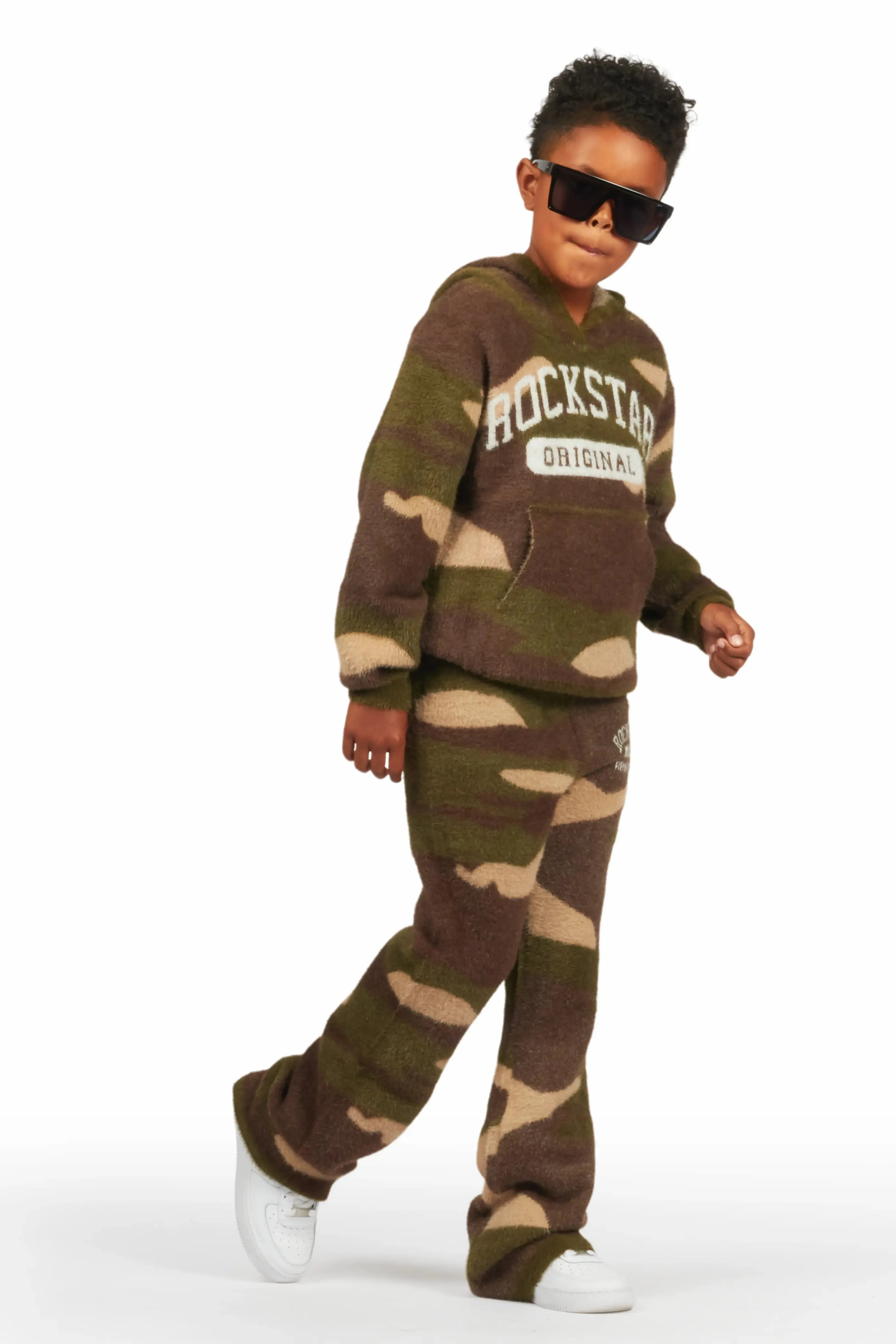 Optimized Title: Boys Green Camo Flare Knit Mohair Track Set – Stylish & Comfortable Activewear