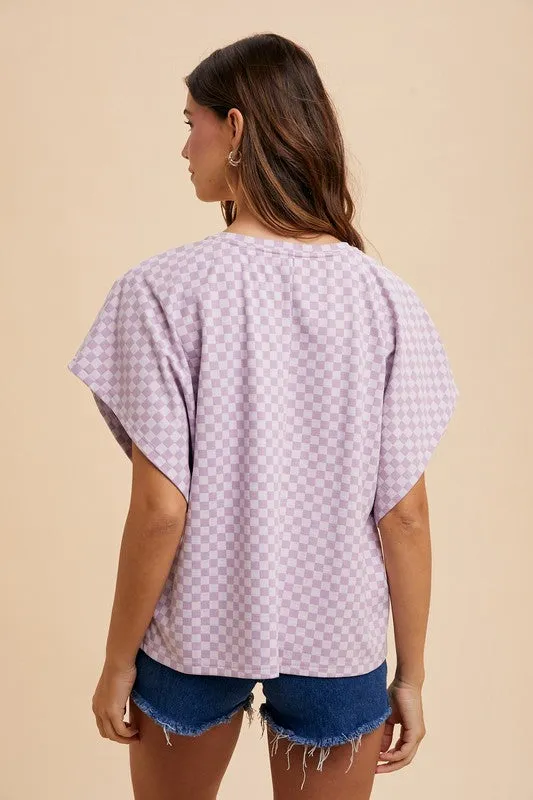 Checkered Round Neck Short Sleeve Top in Lavender