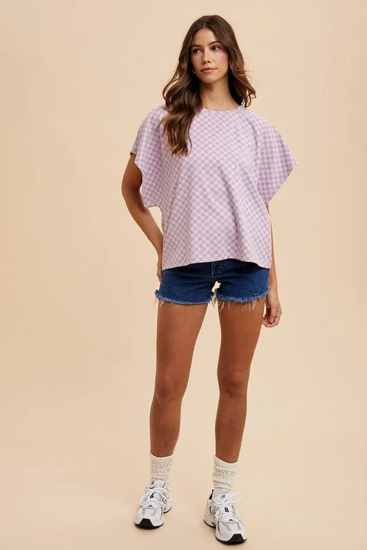 Checkered Round Neck Short Sleeve Top in Lavender