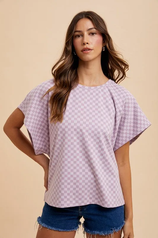 Checkered Round Neck Short Sleeve Top in Lavender