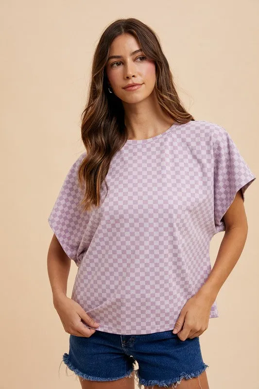 Checkered Round Neck Short Sleeve Top in Lavender