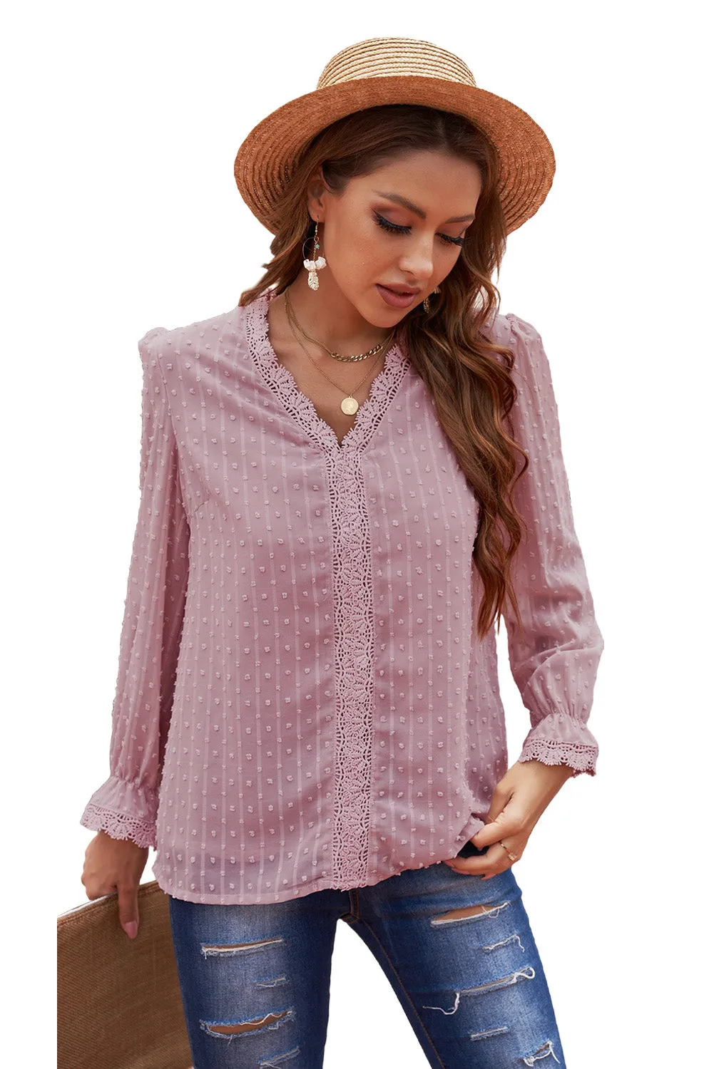 Chic Pink Elegant Long Sleeve V-Neck Swiss Dot Lace Blouse