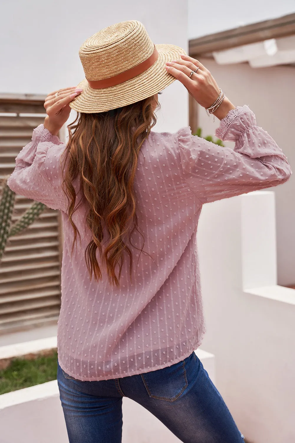 Chic Pink Elegant Long Sleeve V-Neck Swiss Dot Lace Blouse