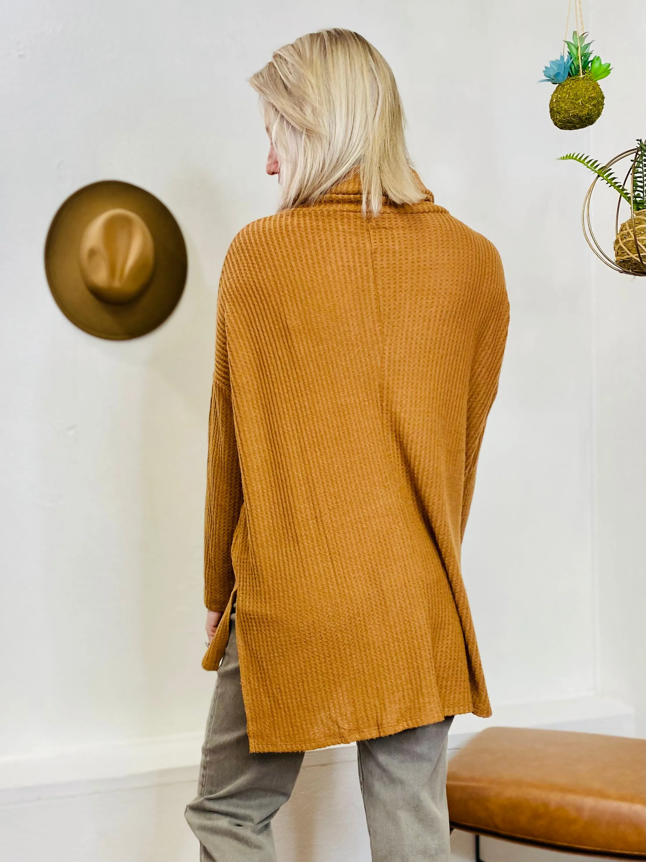 Cowl Neck Waffled Long Sleeve Top - Khaki