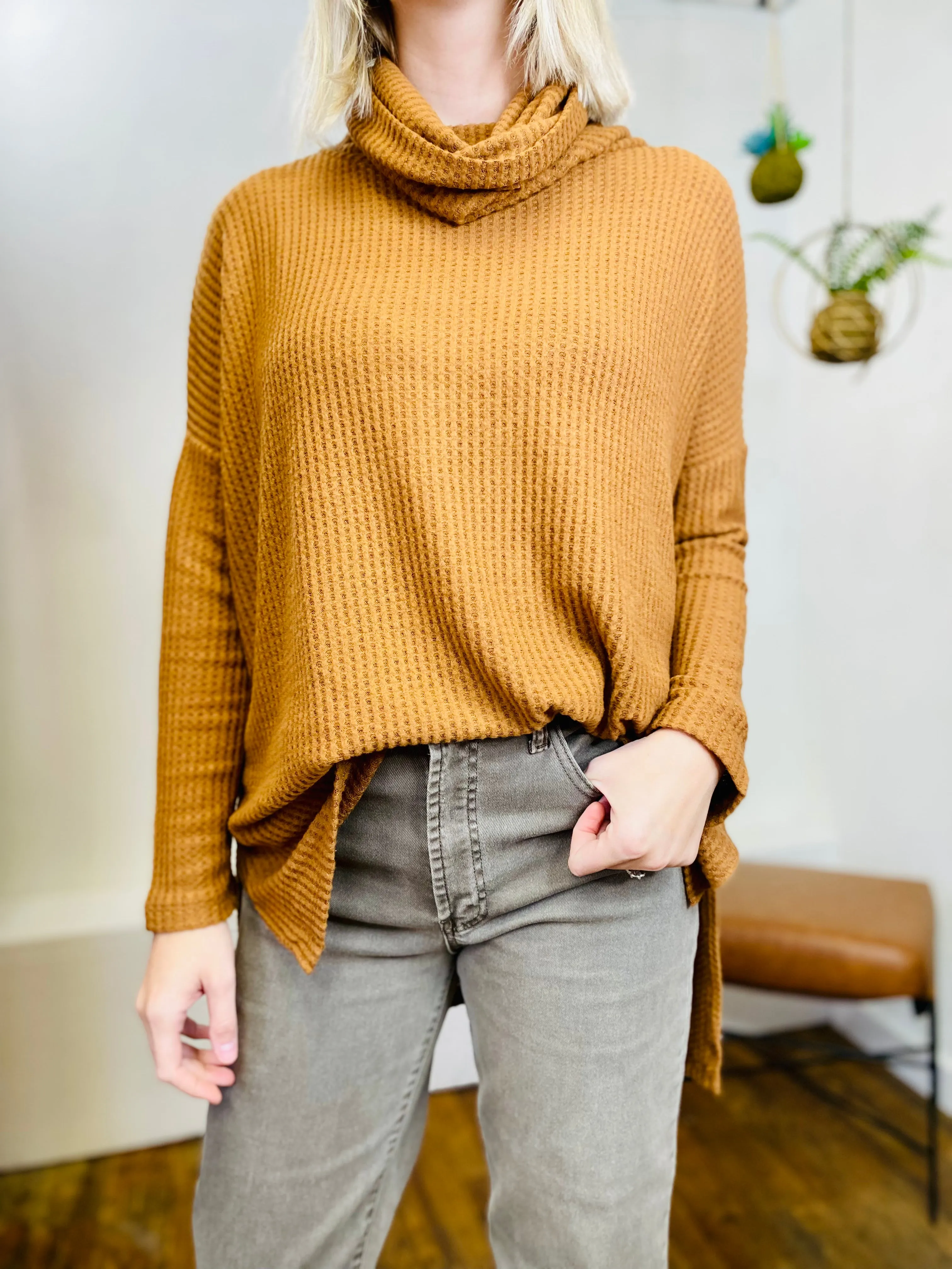 Cowl Neck Waffled Long Sleeve Top - Khaki