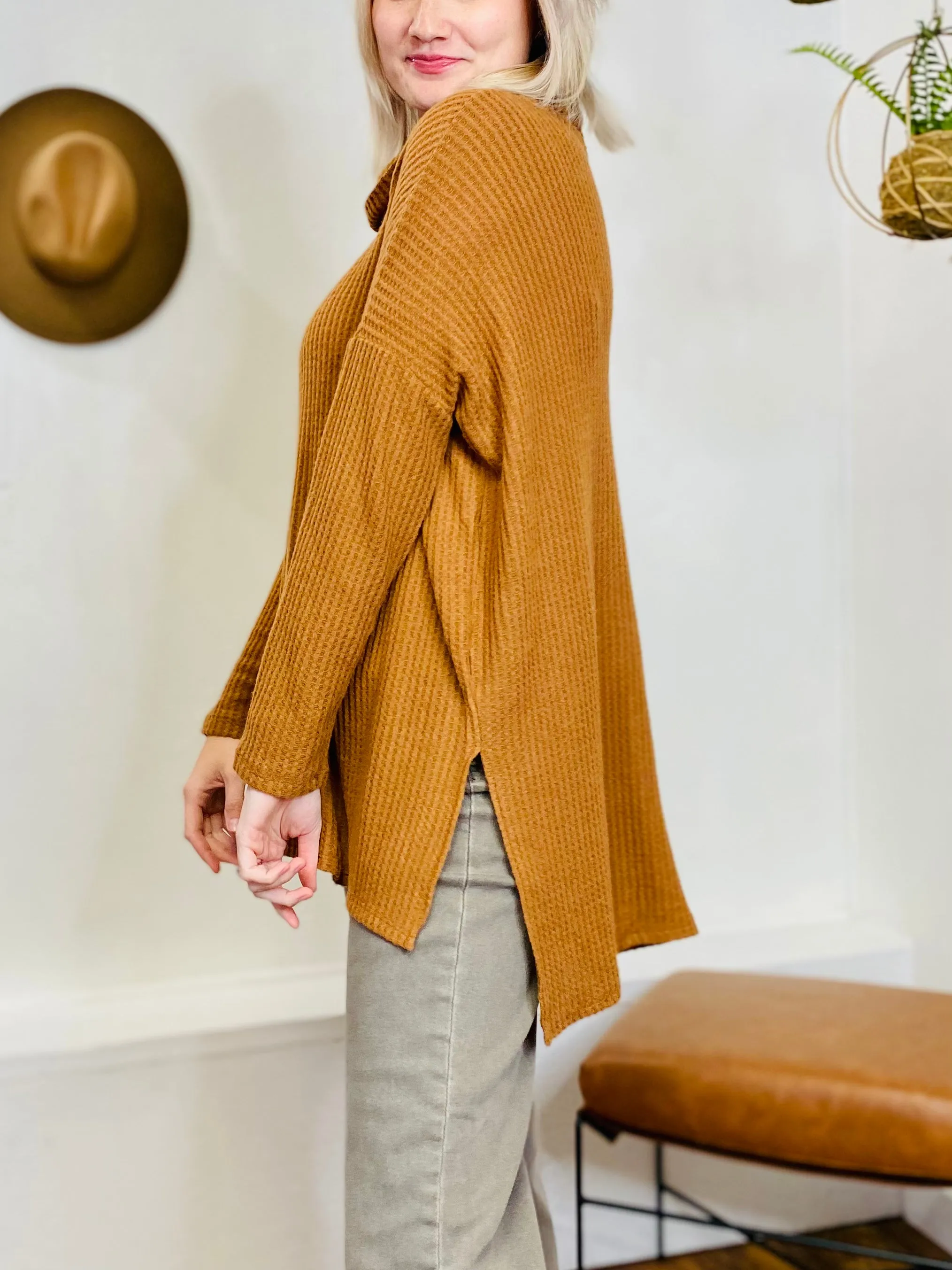 Cowl Neck Waffled Long Sleeve Top - Khaki