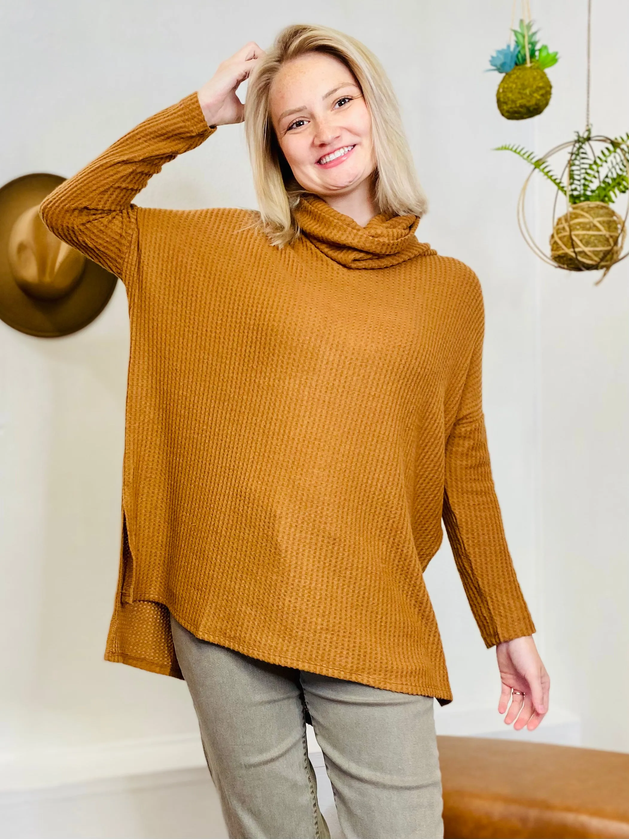 Cowl Neck Waffled Long Sleeve Top - Khaki