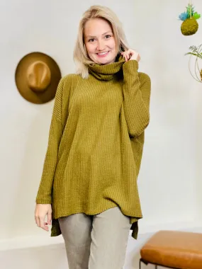 Cowl Neck Waffled Long Sleeve Top - Olive