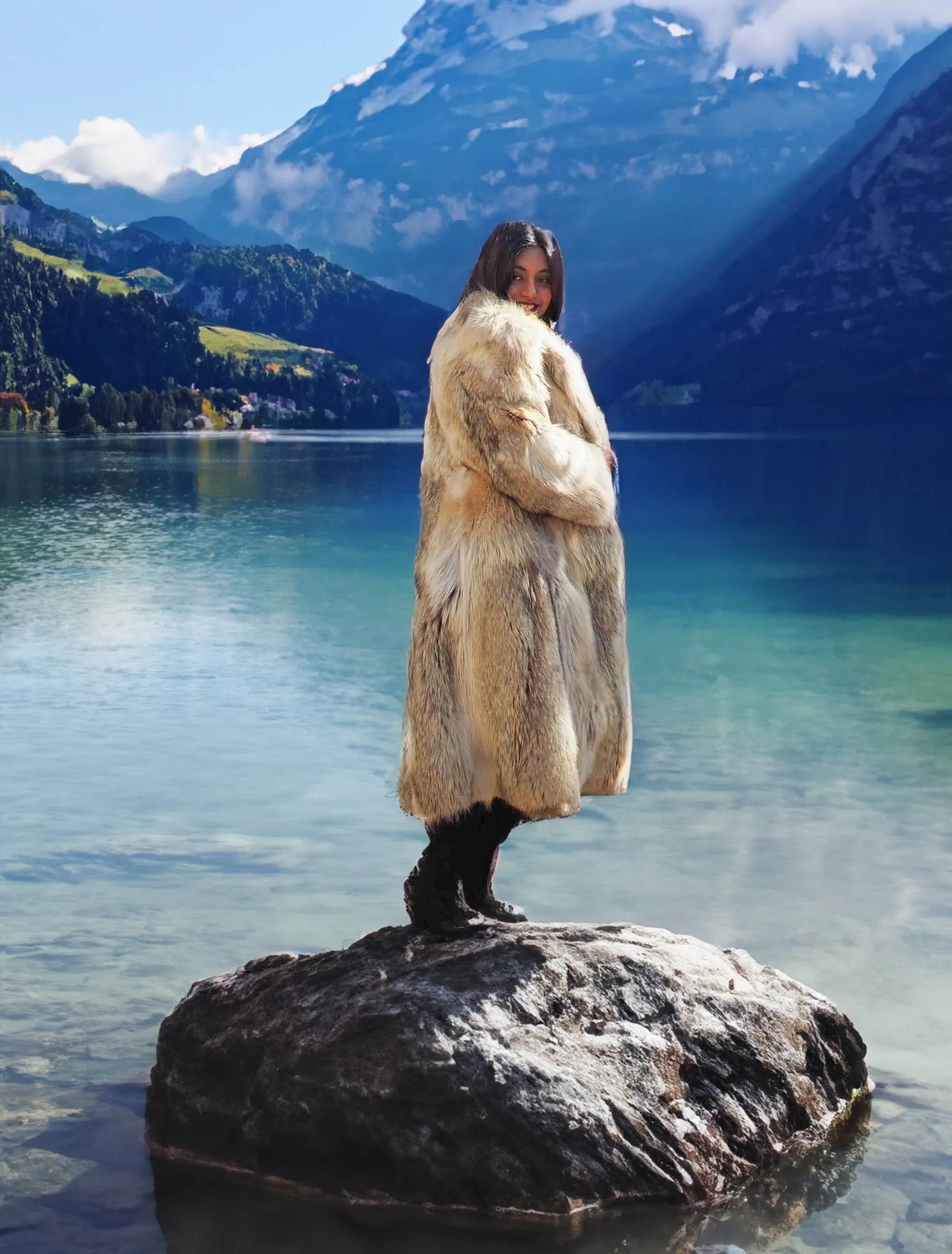 Large Plush Shawl Collar Coyote Fur Coat - Size Small
