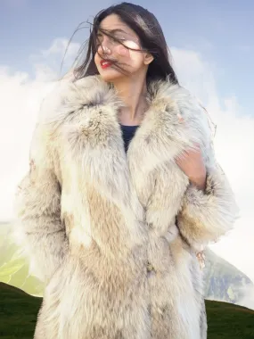 Large Plush Shawl Collar Coyote Fur Coat - Size Small