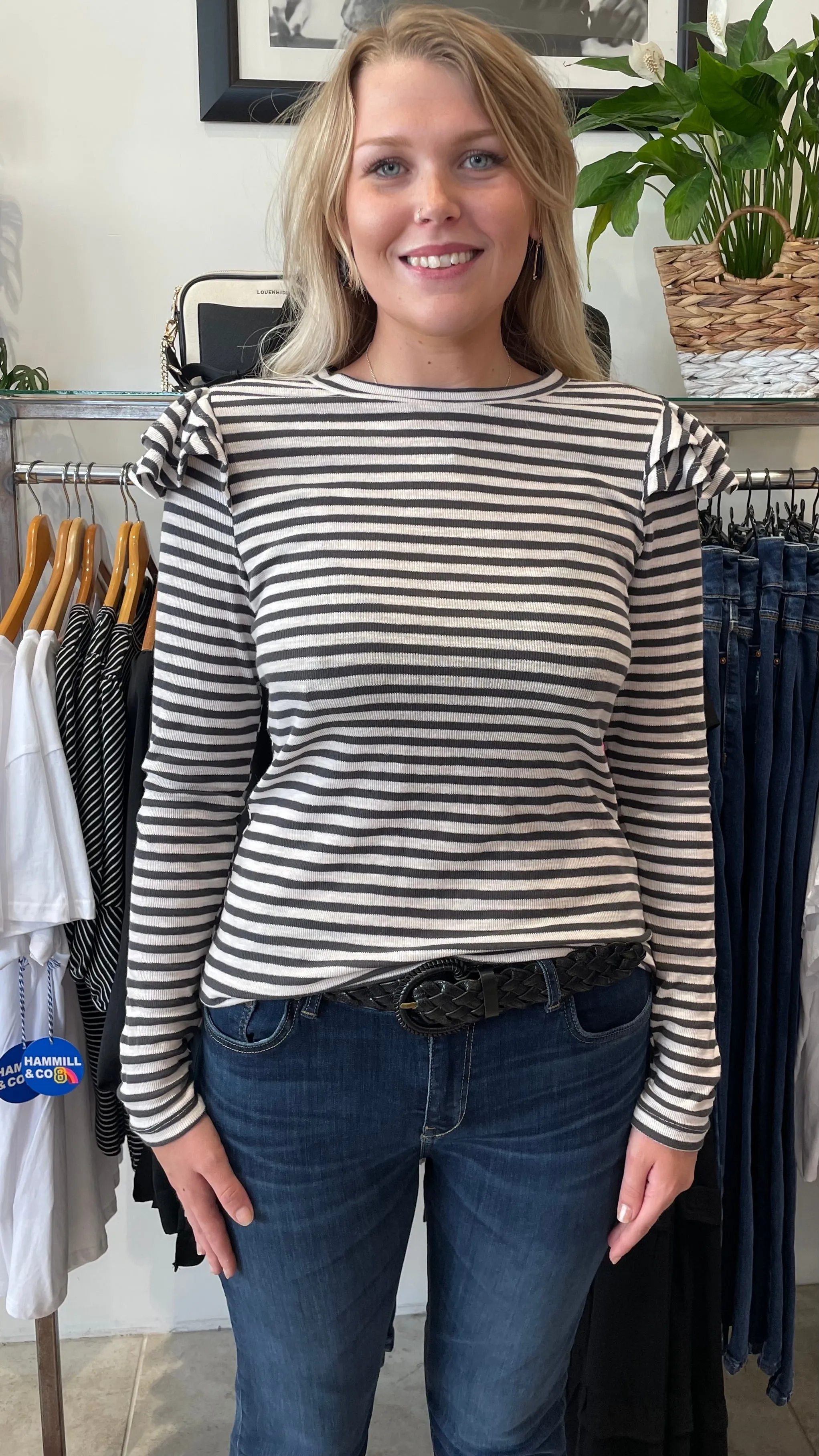 Dawn Ruffle Shoulder Long Sleeve Top Charcoal Stripe