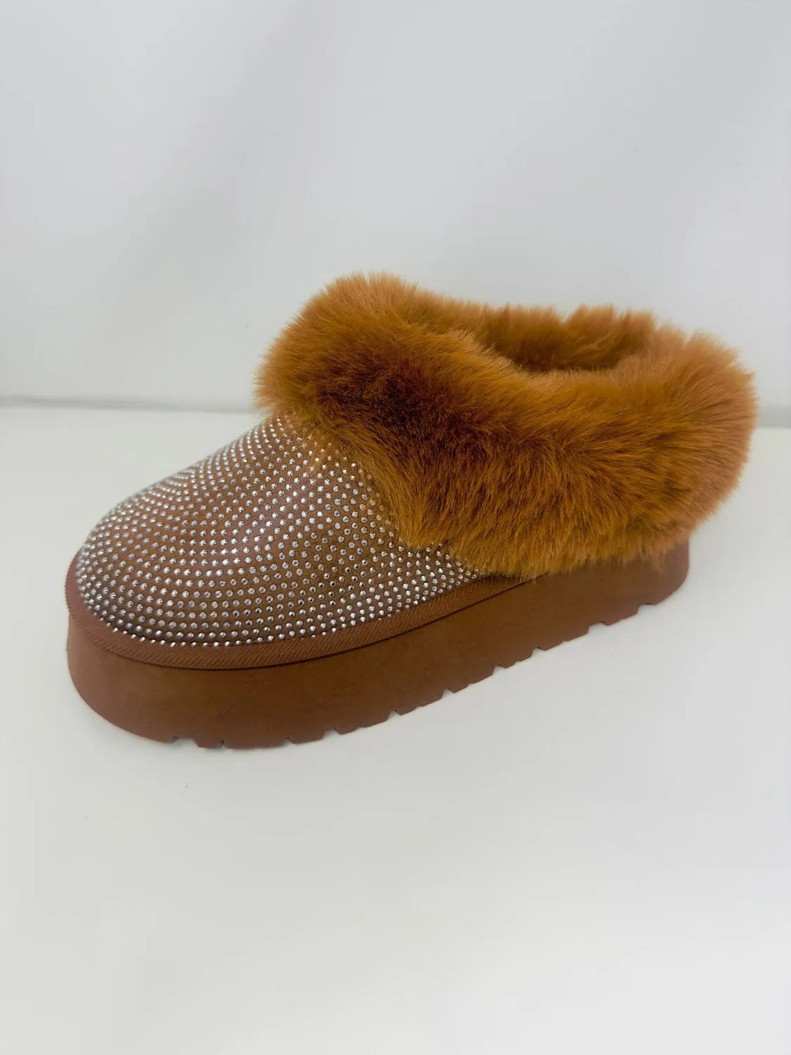 Embellished Faux Fur Platform Booties in Chestnut