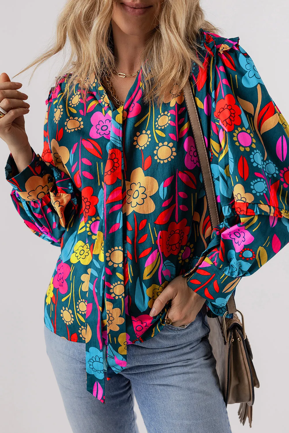 Floral Knot Split Neck Puff Sleeve Blouse